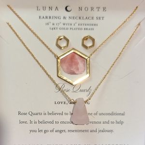 3 PC LUNA NORTE 14K GP HEXAGON EARRINGS & NECKLACES ROSE QUARTZ STONE GEMSTONES